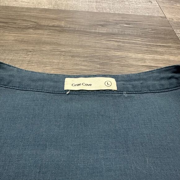 Grae Cove Navy Blue Womens L Coastal Casual Chic Linen V-Neck Button Up Blouse - Picture 3 of 8